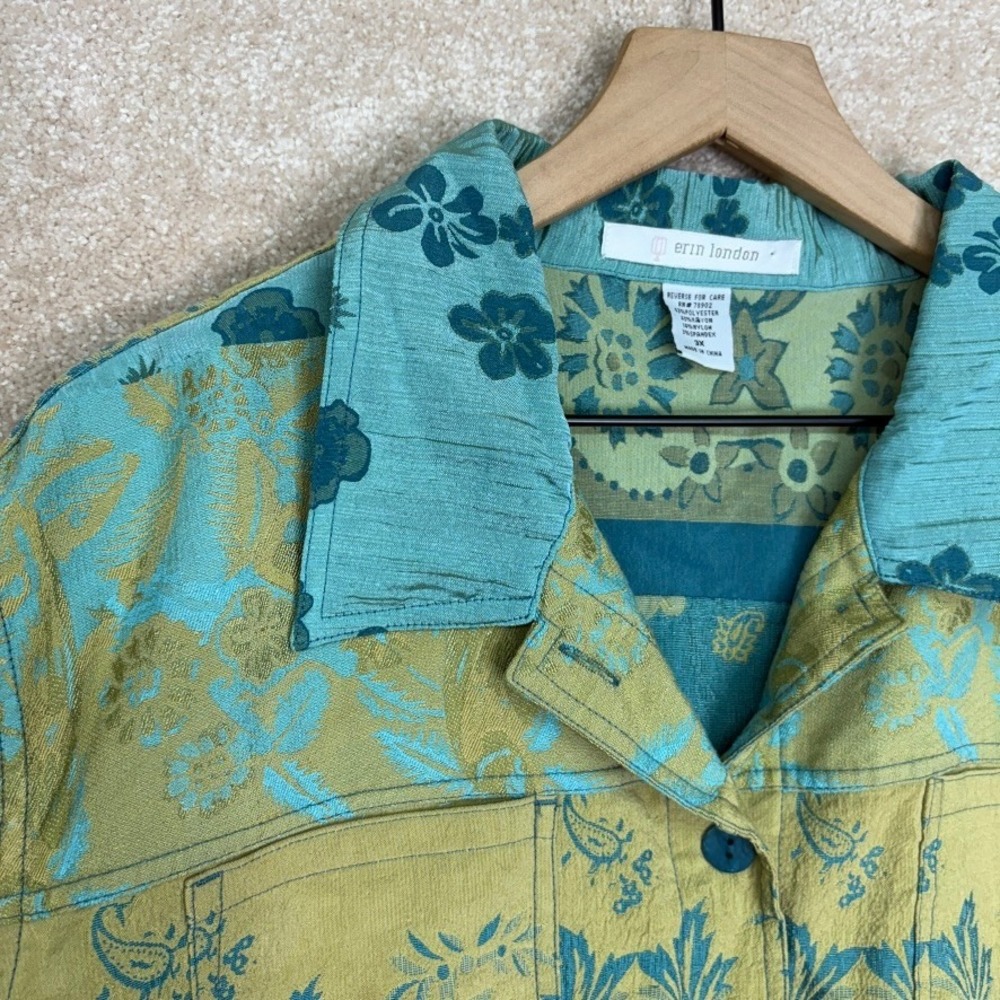 Erin London Jacket Size 3X Blue Floral Metallic Artsy‎ Button Front Art to Wear